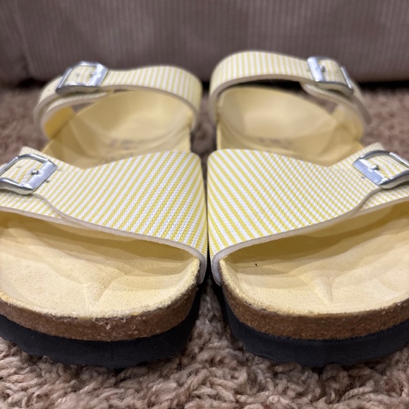 Birki's by Birkenstock Aziza Yellow & White Stripes Double Strap Slides Sandals - Picture 9 of 13